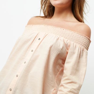 Light pink chambray bardot button front top